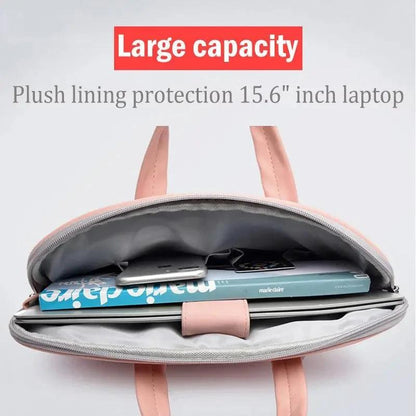 Mandotos PU leather women’s laptop bag for MacBook Air 13.3 to 15.6 inches, featuring shoulder strap and carrying handles.