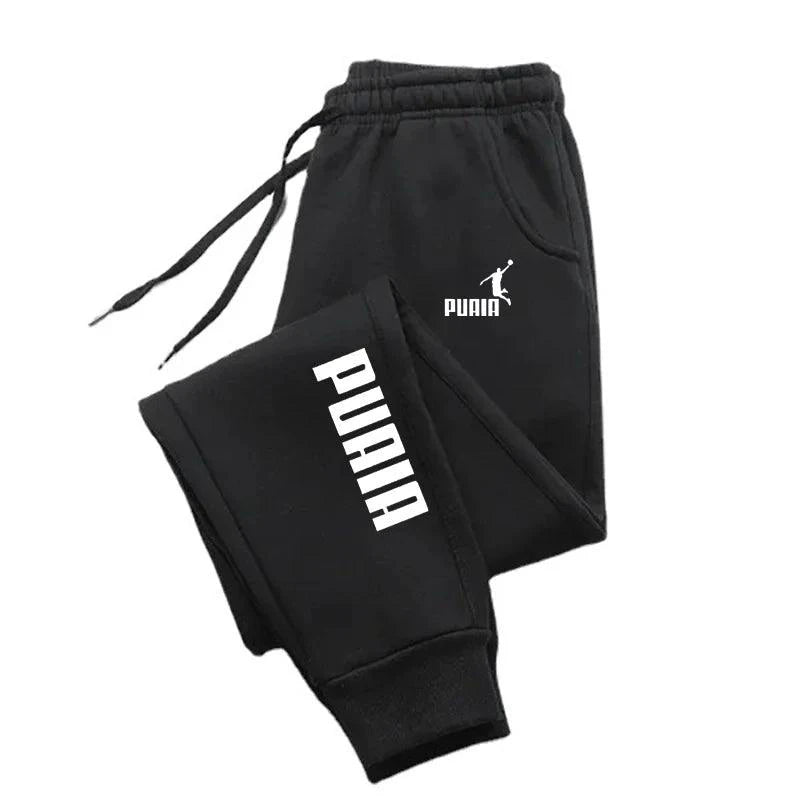 Mandotos PUAIA print men's joggers, autumn/winter sport trousers with loose fit, solid color streetwear pants for fitness and casual wear.