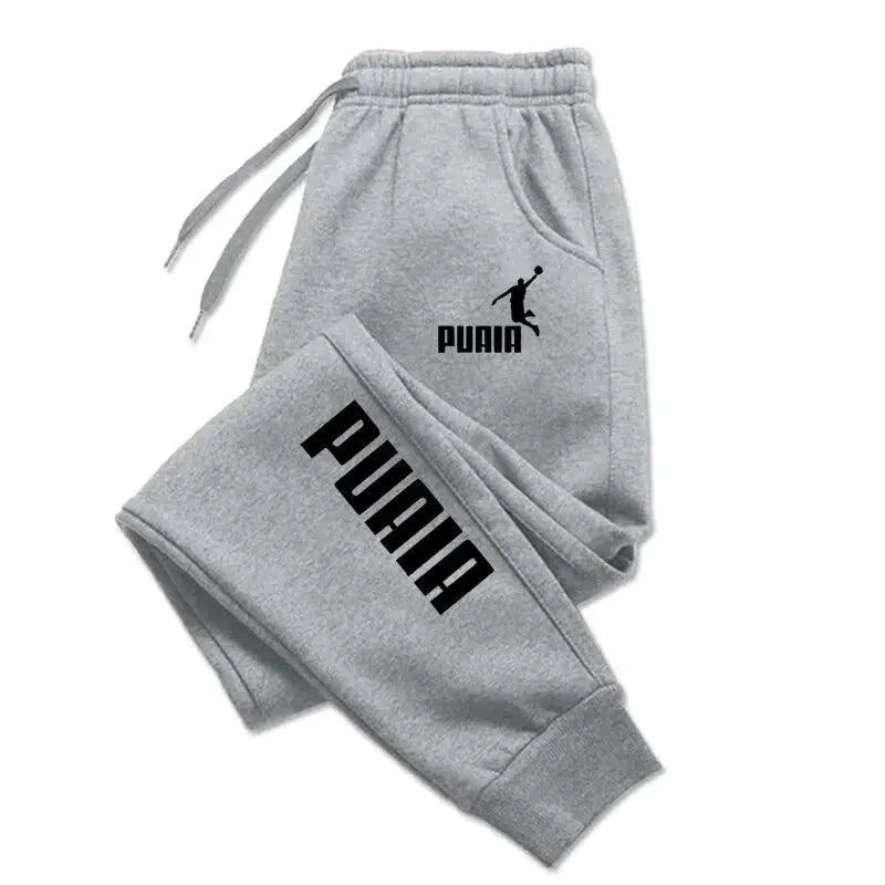 Mandotos PUAIA Print men's sporty jogging pants in solid color, loose fit, suitable for autumn and winter streetwear.