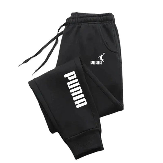Mandotos men's PUAIA print sport jogging pants in solid color, suitable for autumn and winter, casual fitness streetwear.