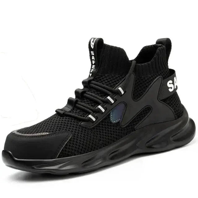 Mandotos puncture-proof work shoes with steel toe cap and slip-resistant soles, designed for safety and durability in industrial settings.