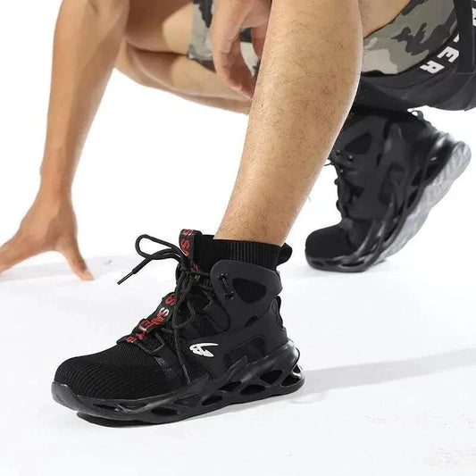 Mandotos puncture-proof work shoes with durable safety toe and slip-resistant sole, designed for industrial safety.