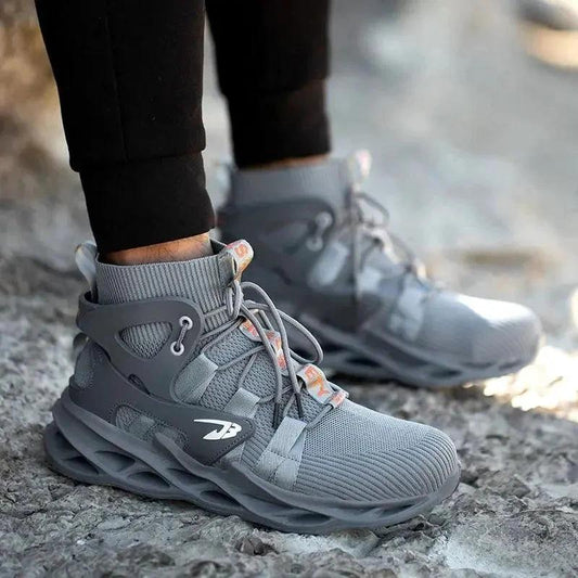 Mandotos puncture-proof work shoes with steel toe protection and slip-resistant sole, designed for safety and durability.
