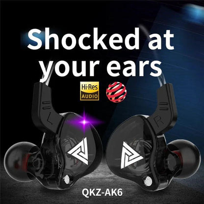 Mandotos QKZ AK6 HiFi wired earphones with copper driver and built-in microphone, close-up view of sleek earphone design