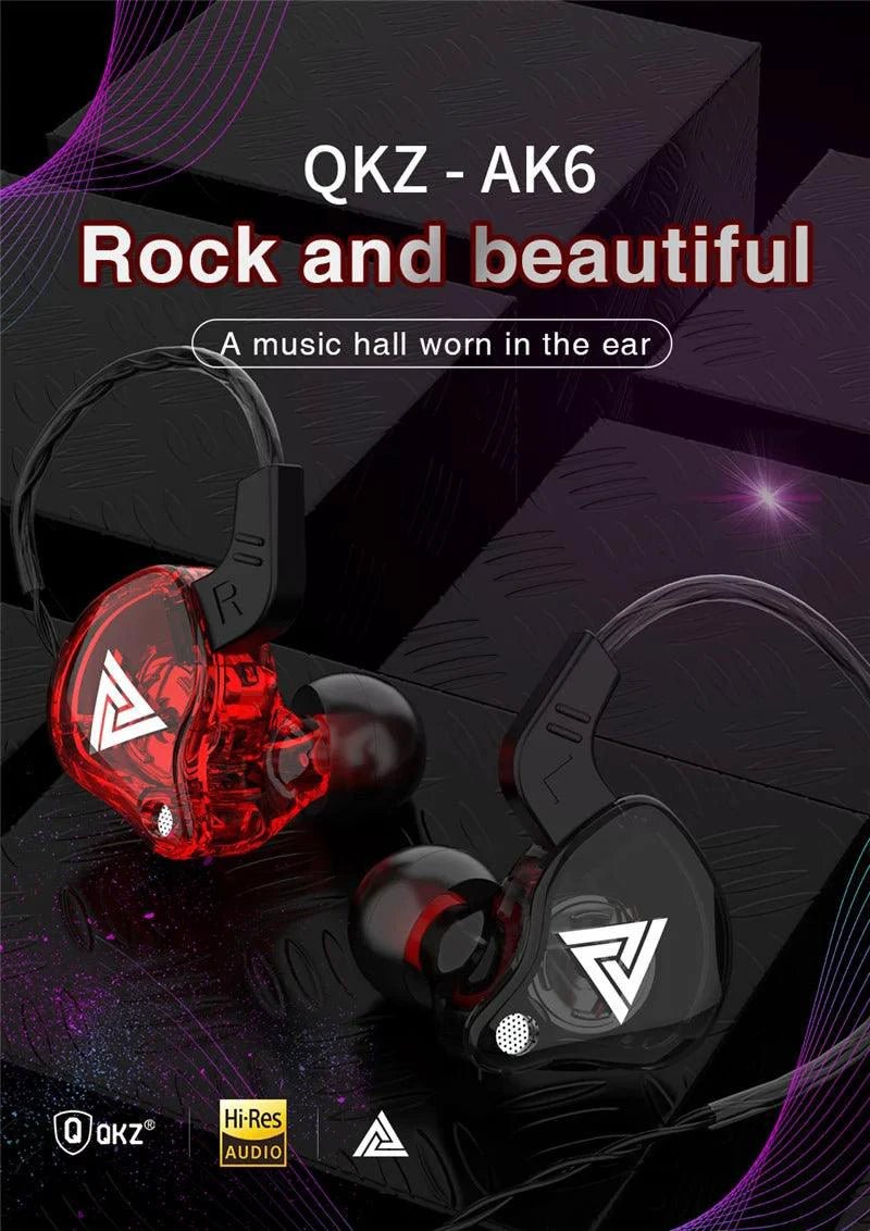 Mandotos QKZ AK6 HiFi wired earphones with copper driver and built-in microphone, close-up view of black earbud with cable