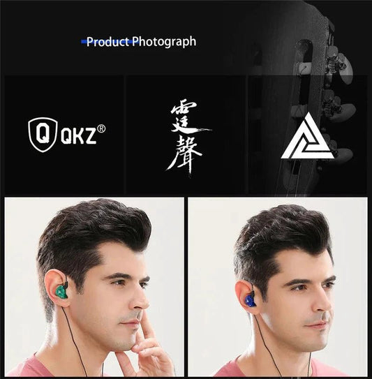 Mandotos QKZ AK6 HiFi wired earphones with copper driver and built-in microphone, close-up view of the earphone with cable.