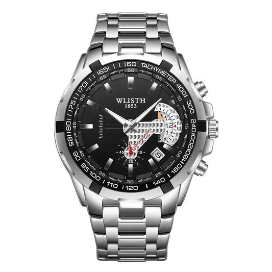 Mandotos men's quartz waterproof sports watch with black dial and stainless steel band, suitable for active wear.