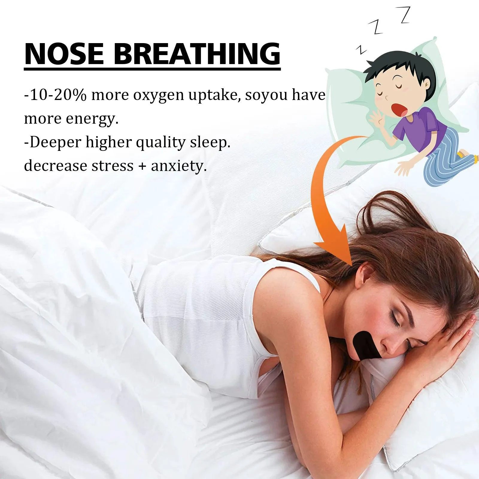 Mandotos Quiet Night Snore Patch applied on nose for reducing snoring, designed to improve sleep quality and comfort.