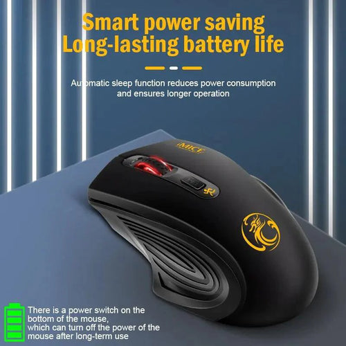 Mandotos QuietFlex wireless mouse with ergonomic design, featuring a sleek black finish and clickable buttons for smooth navigation.