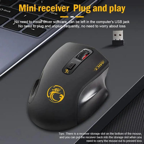 Mandotos QuietFlex Wireless Mouse with ergonomic design, black finish, and customizable buttons for comfortable computer use.