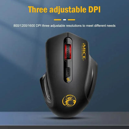 Mandotos QuietFlex wireless mouse with ergonomic design, black body, and scroll wheel, suitable for comfortable computer use.
