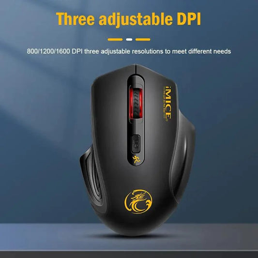 Mandotos QuietFlex wireless mouse with ergonomic design, black body, and scroll wheel, suitable for comfortable computer use.