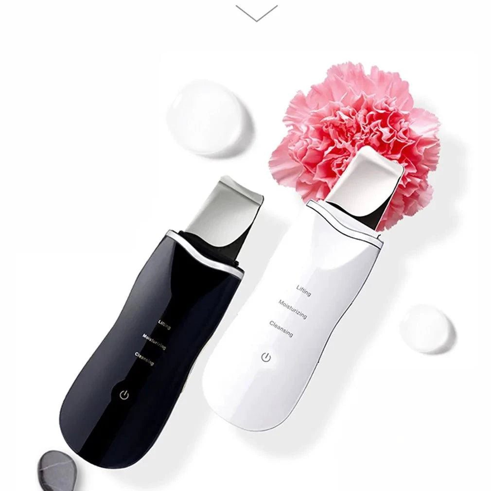 Mandotos RadiantGlow Ultrasonic Skin Scrubber for deep cleansing and skin revitalization, showing the device in use on a person's face.