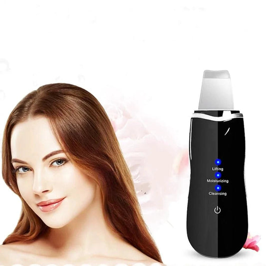 MANDOTOS RadiantGlow Ultrasonic Skin Scrubber for deep cleansing and skin revitalization, showing the sleek device in use.