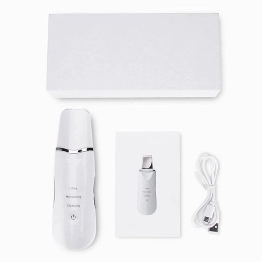 Mandotos RadiantGlow Ultrasonic Skin Scrubber for deep cleansing and skin revitalization, shown in use with a clean, refreshed face.
