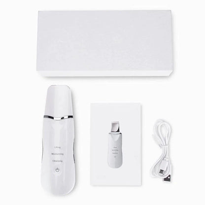 Mandotos RadiantGlow Ultrasonic Skin Scrubber for deep cleansing and skin revitalization, showing the device in use.