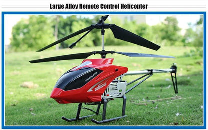 Mandotos RC helicopter, 80cm remote control aircraft, 3.5-channel for kids, with colorful design and rotor blades in flight.