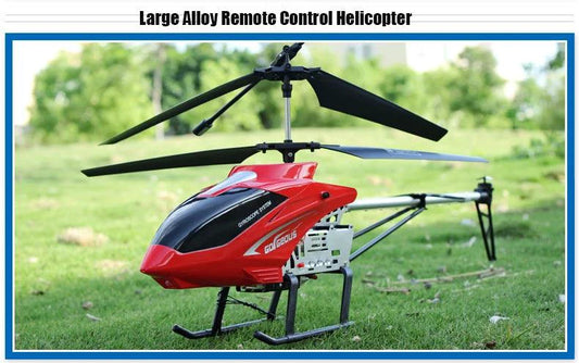 Mandotos RC helicopter, 80cm remote control aircraft, 3.5-channel for kids, with colorful design and rotor blades in flight.