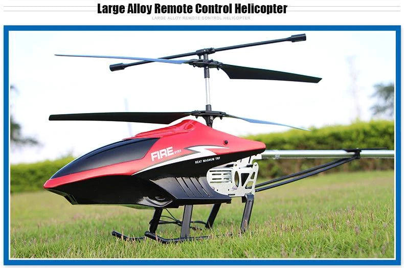 Mandotos RC helicopter, 80cm remote control aircraft with 3.5 channel for kids, black and red design flying in the air.