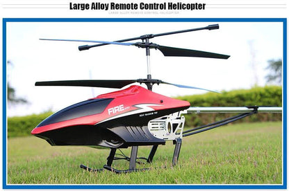 Mandotos RC helicopter, 80cm remote control aircraft with 3.5 channel for kids, black and red design flying in the air.
