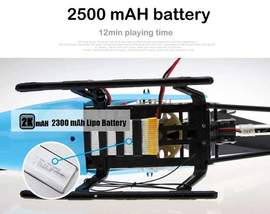 Mandotos RC helicopter 80cm, a 3.5-channel remote control aircraft for kids, flying outdoors with colorful design and rotors in motion.