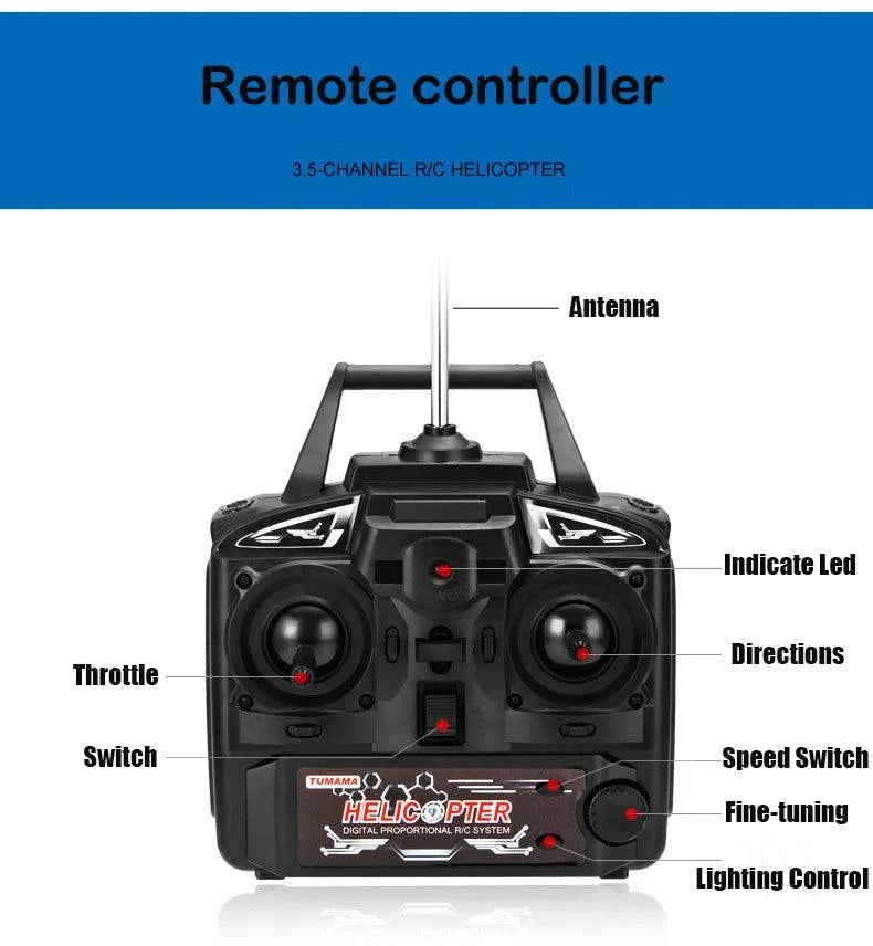 Mandotos RC helicopter, 80cm remote control aircraft with 3.5 channels for kids, silver and black design, flying in the air.