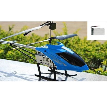 Mandotos RC helicopter 80cm remote control aircraft with 3.5 channel for kids, shown flying outdoors.