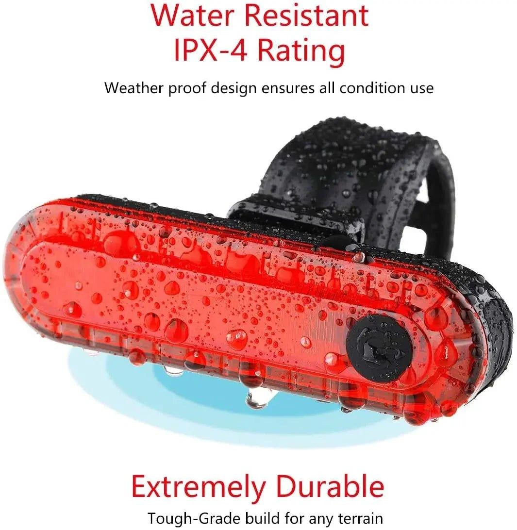 Mandotos rear bike tail light with USB recharge, bright red LED, easy to install for cycling safety on bicycles.
