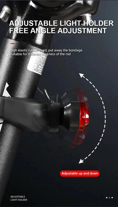 Mandotos rear bike tail light with USB rechargeability, bright red LED, easy to install for cycling safety on bicycles.