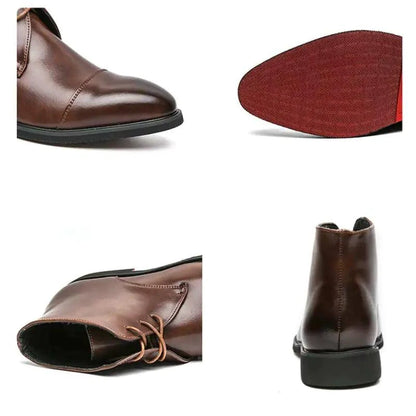 Mandotos red bottom leather boots featuring sleek design, pointed toes, and high heels for a stylish, modern look.