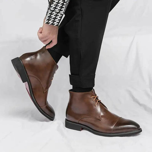 Mandotos red bottom leather boots showcasing stylish pointed toes and sleek design for fashionable footwear.