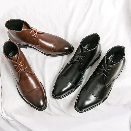 Mandotos red bottom leather boots featuring sleek design, pointed toe, and stylish heel on a neutral background.