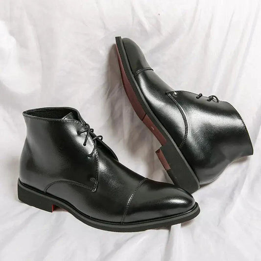Mandotos red bottom leather boots with sleek design and pointed toe, stylish footwear for women.