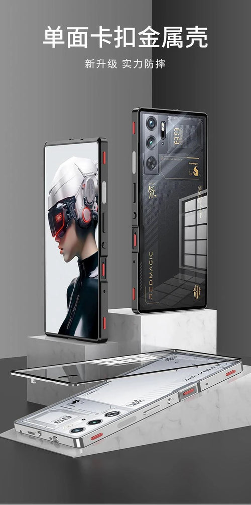 Mandotos RedMagic 9S Pro transparent acrylic case with sleek metal frame offering ultimate protection and stylish design.