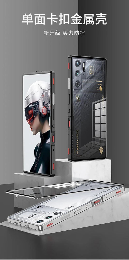 Mandotos RedMagic 9S Pro transparent acrylic case with sleek metal frame offering ultimate protection and stylish design.