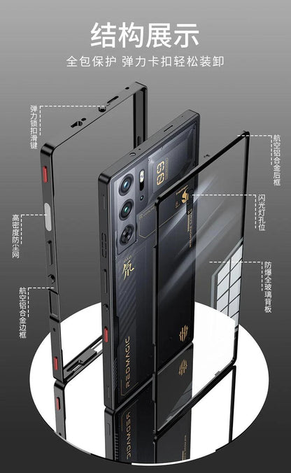 Mandotos RedMagic 9S Pro transparent acrylic case with sleek metal frame providing durable protection.
