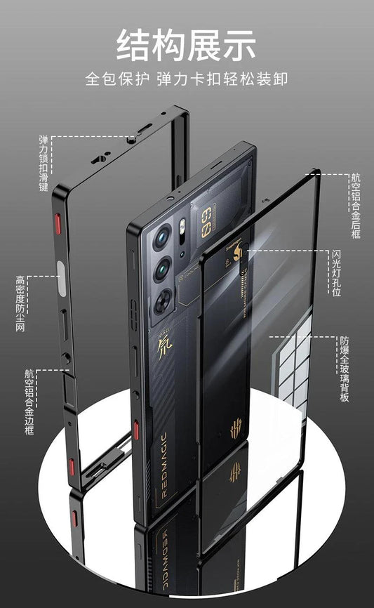 Mandotos RedMagic 9S Pro transparent acrylic case with sleek metal frame providing durable protection.