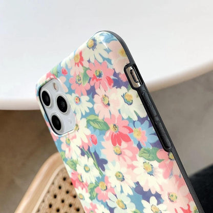 Mandotos retro daisy phone case with colorful floral design for iPhone and Android devices.