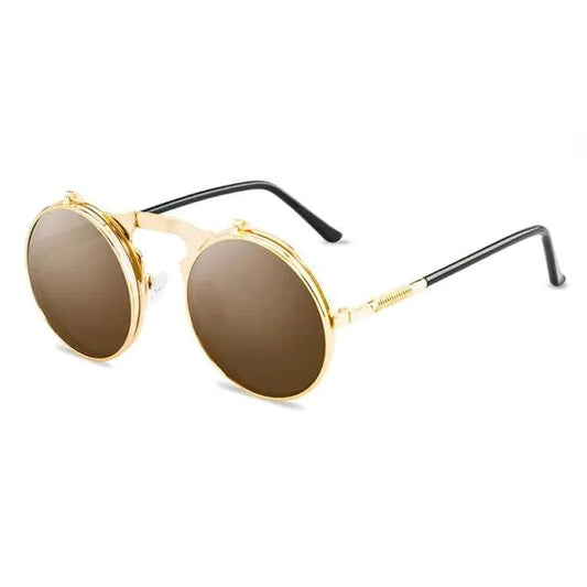 Retro flip steampunk sunglasses by MANDOTOS with brass frames and tinted lenses, stylish vintage-inspired eyewear.