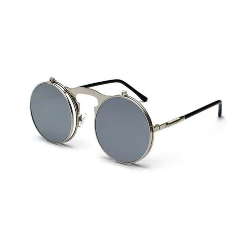 Mandotos Retro Flip Steampunk Shades with tinted lenses and vintage-inspired metal frames, stylish and unique eyewear.