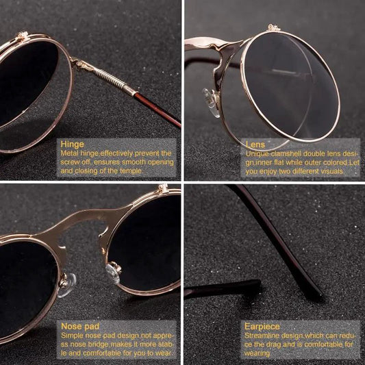 Mandotos retro flip steampunk sunglasses with metal frames and tinted lenses for vintage-inspired style.