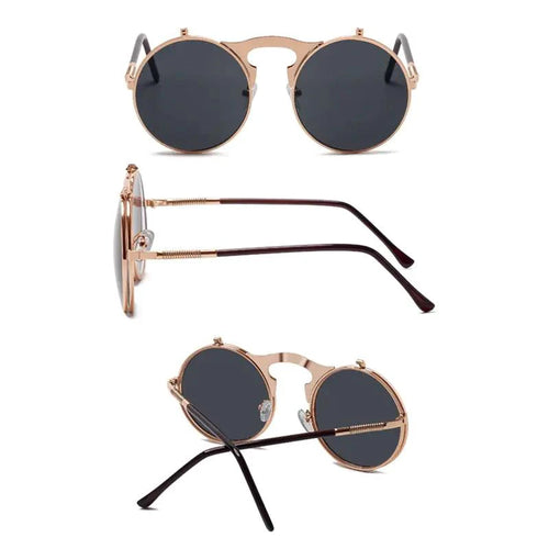 Mandotos Retro Flip Steampunk Shades with round lenses and vintage brass frame, stylish eyewear for a steampunk look.