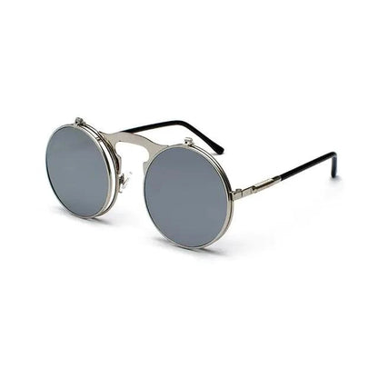 Mandotos retro flip steampunk sunglasses with metallic frames and tinted lenses, featuring a vintage steampunk design.