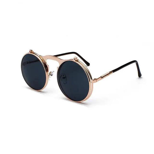 Mandotos Retro Flip Steampunk Shades with round tinted lenses and vintage metal frame, stylish and unique eyewear design.