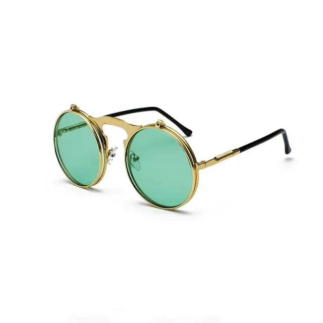 Retro flip steampunk shades by MANDOTOS featuring vintage-inspired design with dark tinted lenses and brass accents.