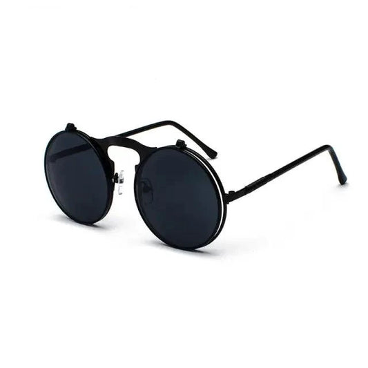 Mandotos Retro Flip Steampunk Shades with metallic frames and tinted lenses featuring vintage steampunk style.