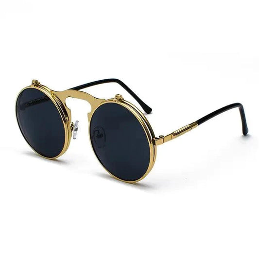 Retro flip steampunk shades by MANDOTOS featuring vintage-inspired metal frames and tinted lenses.