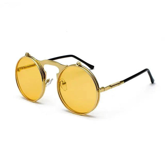 Mandotos Retro Flip Steampunk Shades with round lenses and vintage brass frame, stylish steampunk sunglasses for a unique look