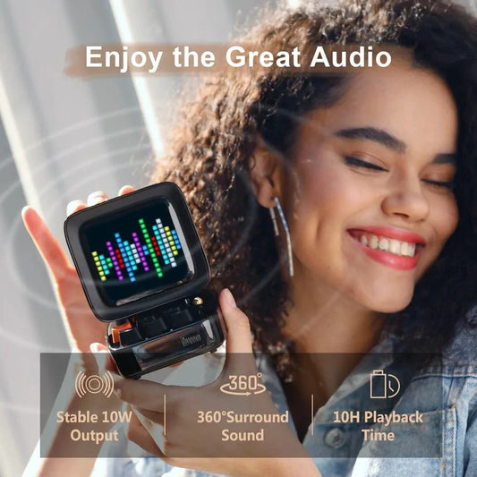 Mandotos retro pixel art Bluetooth speaker and alarm clock with colorful pixel design, compact and stylish for bedside use.