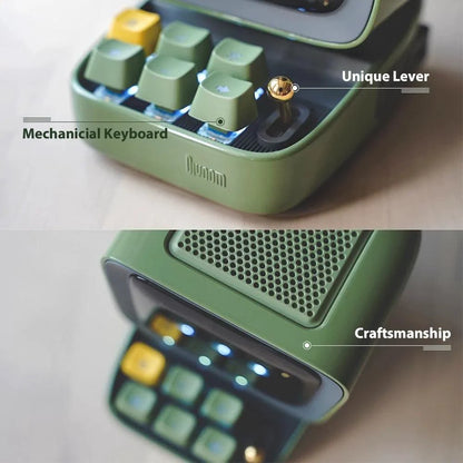 Mandotos retro pixel art Bluetooth speaker and alarm clock with colorful pixel design and compact modern style.